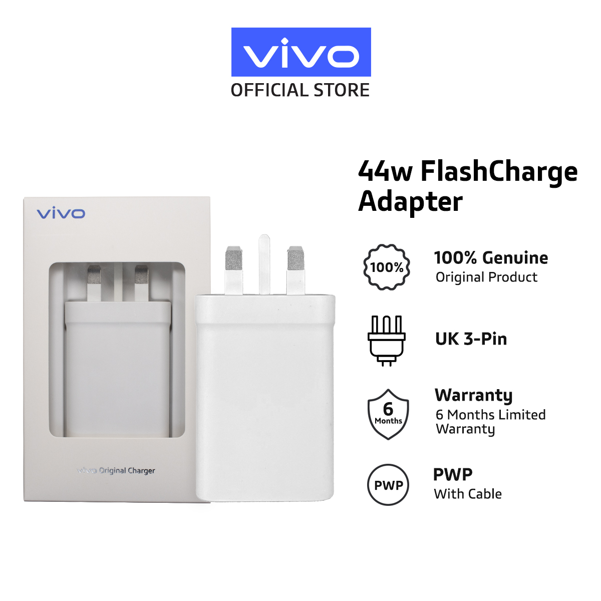 vivo 44W Flash charge Power Adapter UK 3-Pin