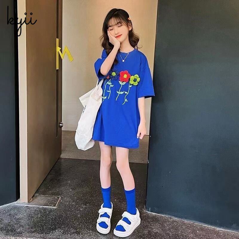 KYII Kids Girls Summer Round-neck Dress Short Sleeve Casual Loose Dress kyii0130